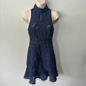 Yoins Mini Dress Small Navy Blue High Neck Eyelet Dainty Feminine Spring Brunch